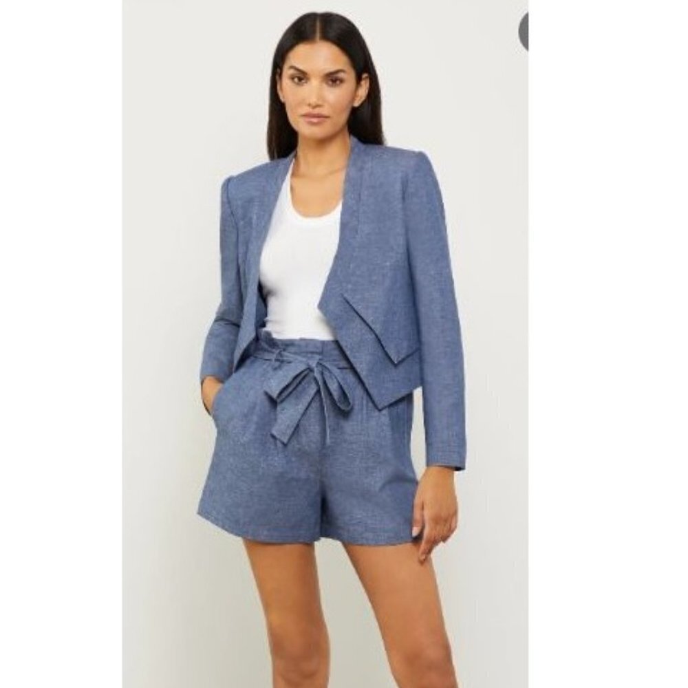 New BCBGMaxazria Women Blue High Waist Belted Chambray Shorts Small